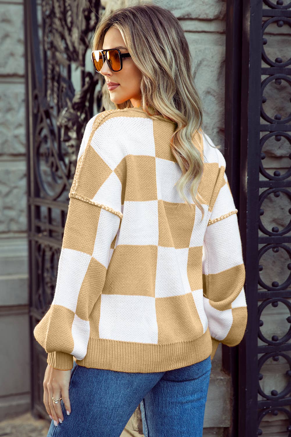 Checkered Bishop Sleeve Sweater