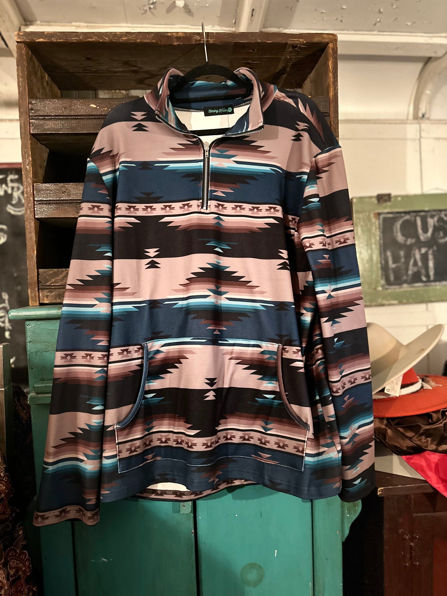3/4 Zip Blue Aztec Long-Sleeve
