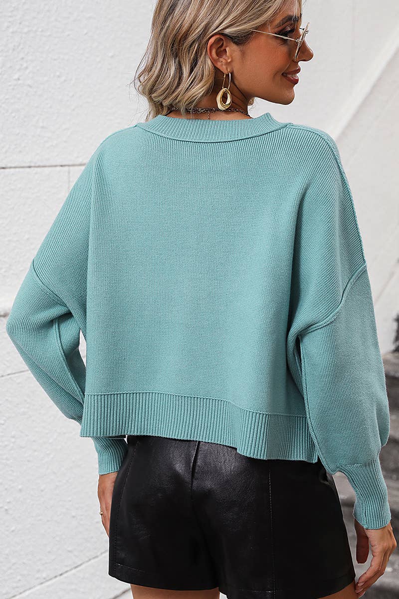 WOMEN RIBBED HEM FITTED SLEEVE KNIT JUMPER TOP_CWOSWL0279