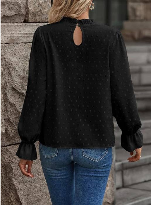 Solid Color Jacquard Frilled Collar Lantern Sleeve Blouse