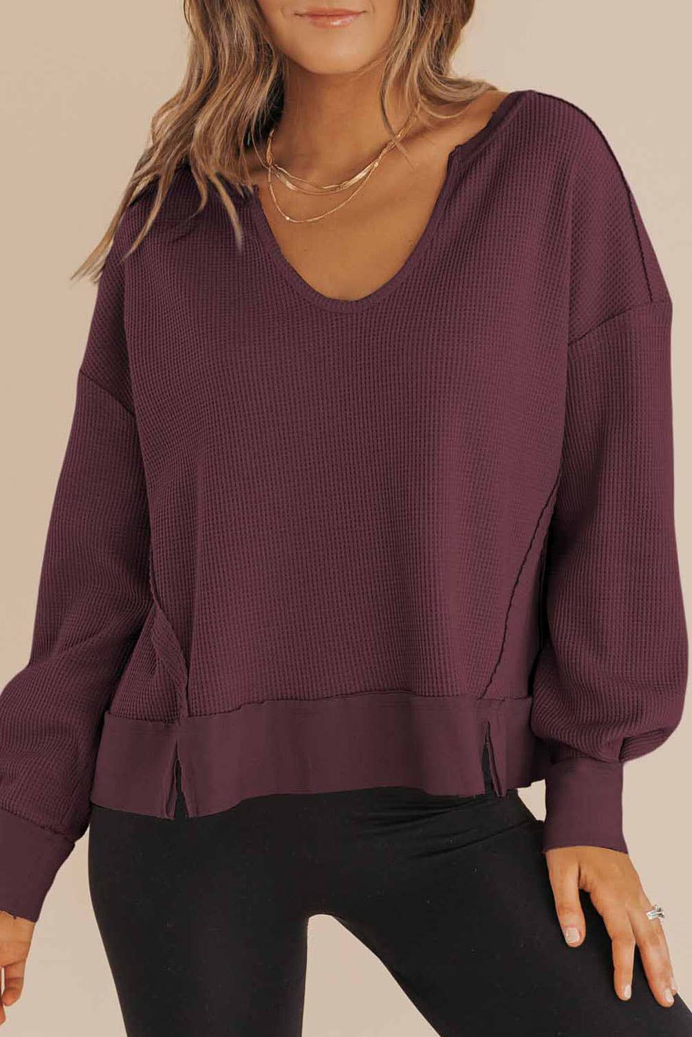 Waffle Knit Notched V Neck Drop Shoulder Solid Sweatshirt