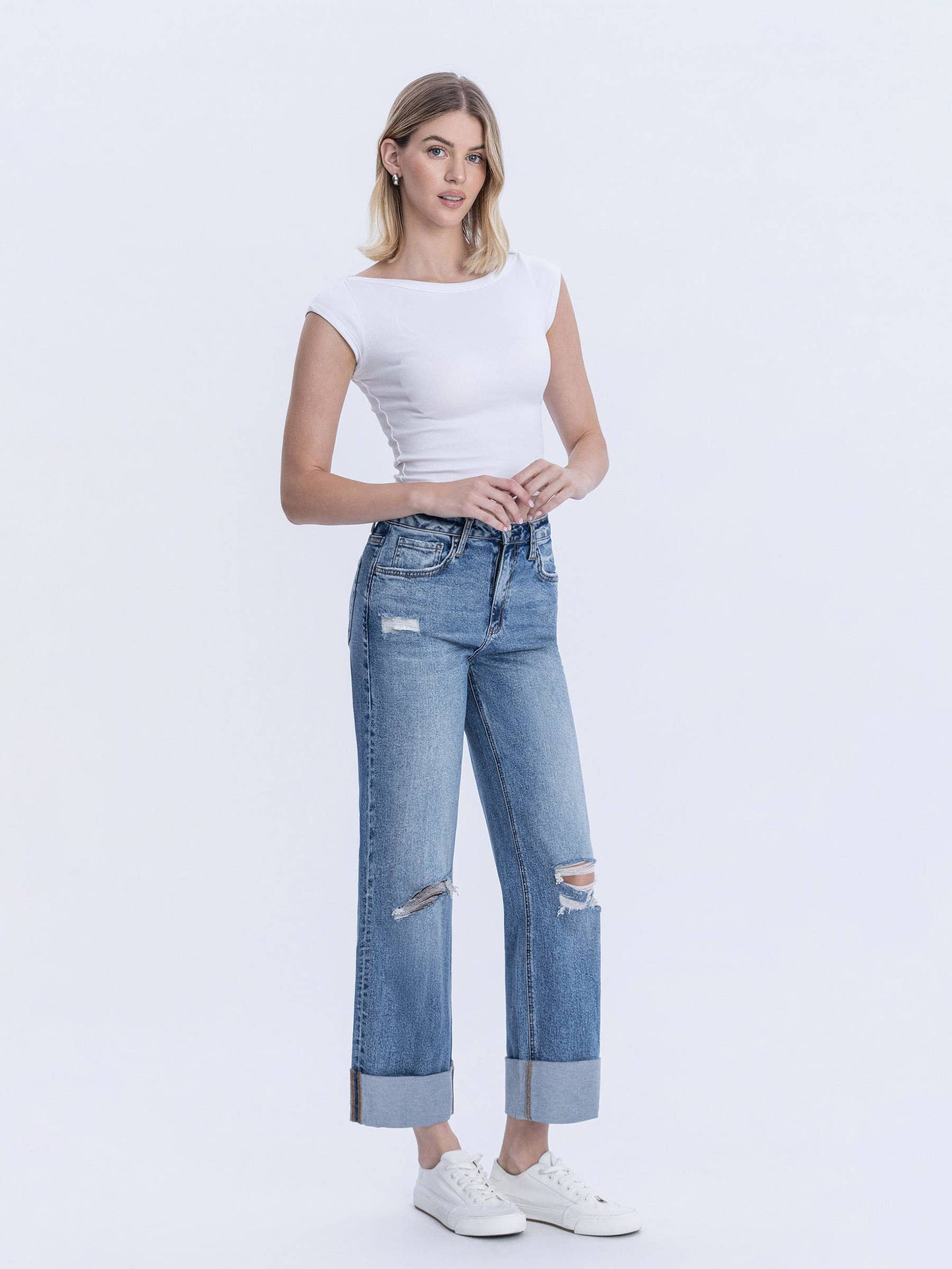 SUPER HIGH RISE DOUBLE CUFFED BAGGY WIDE JEANS LV1459