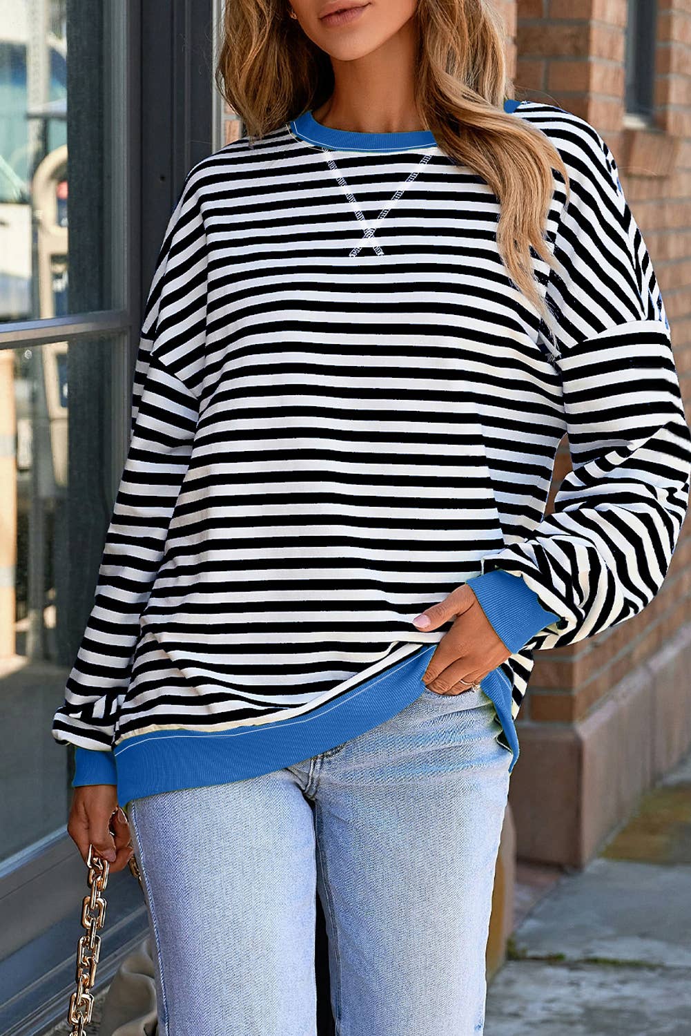 Contrast Ribbed Trim Crossed Stitch Drop Shoulder Sweatshirt