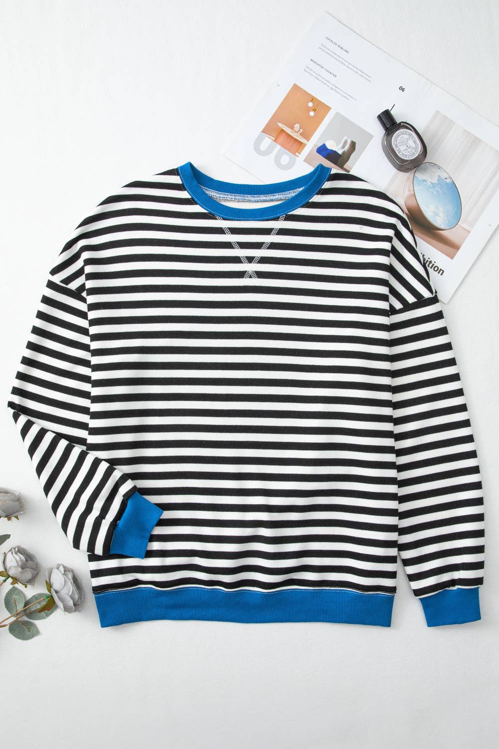 Contrast Ribbed Trim Crossed Stitch Drop Shoulder Sweatshirt