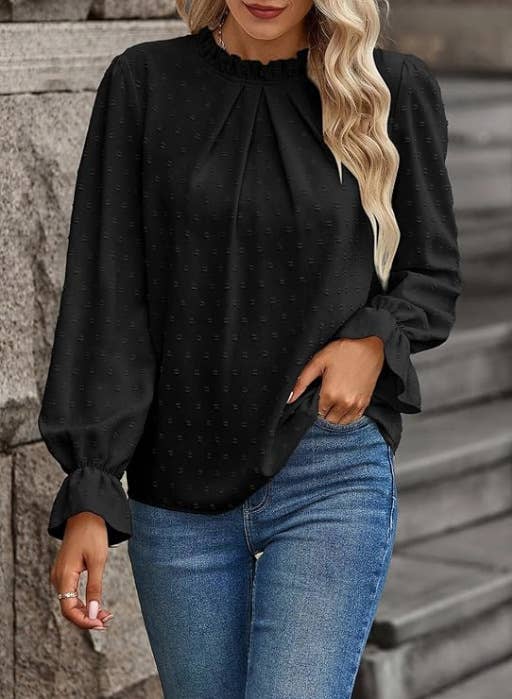 Solid Color Jacquard Frilled Collar Lantern Sleeve Blouse