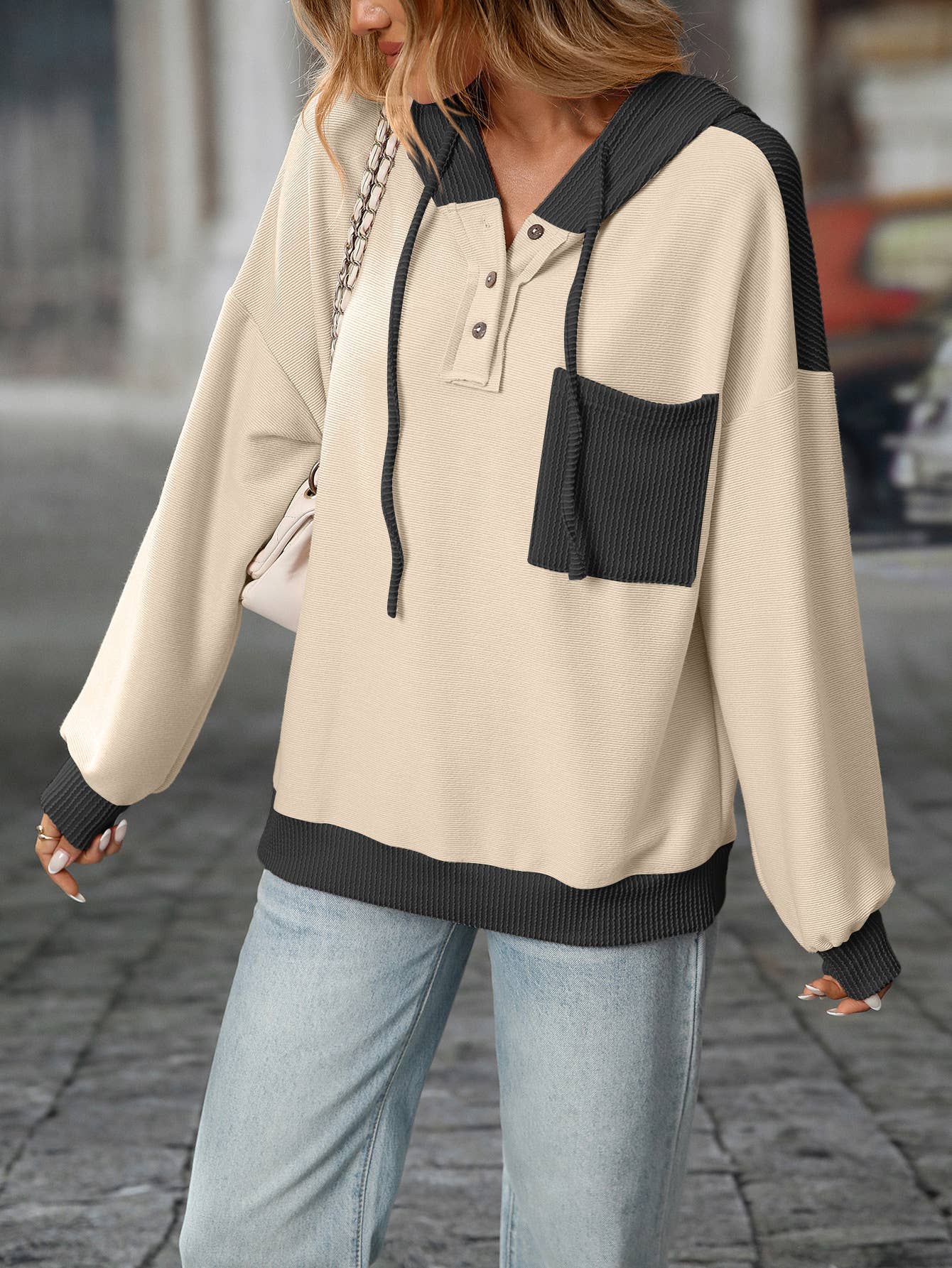 Colorblocked Twisted Rib Texture Hoodie