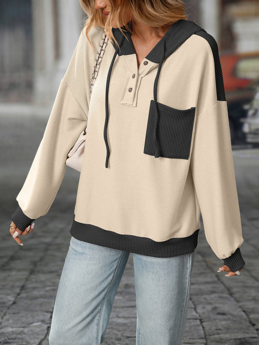 Colorblocked Twisted Rib Texture Hoodie
