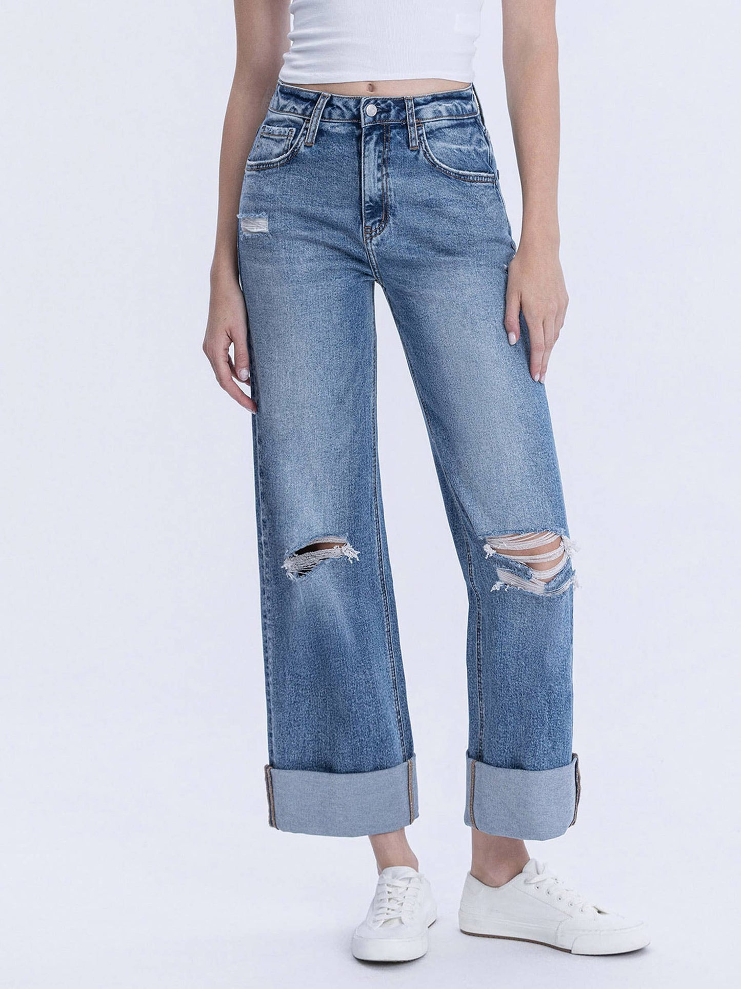 SUPER HIGH RISE DOUBLE CUFFED BAGGY WIDE JEANS LV1459
