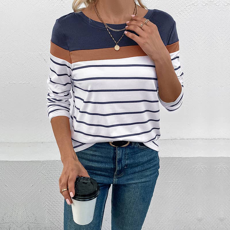 SIMPLE STRIPED COLOR CONTRAST LONG-SLEEVED TSHIRT