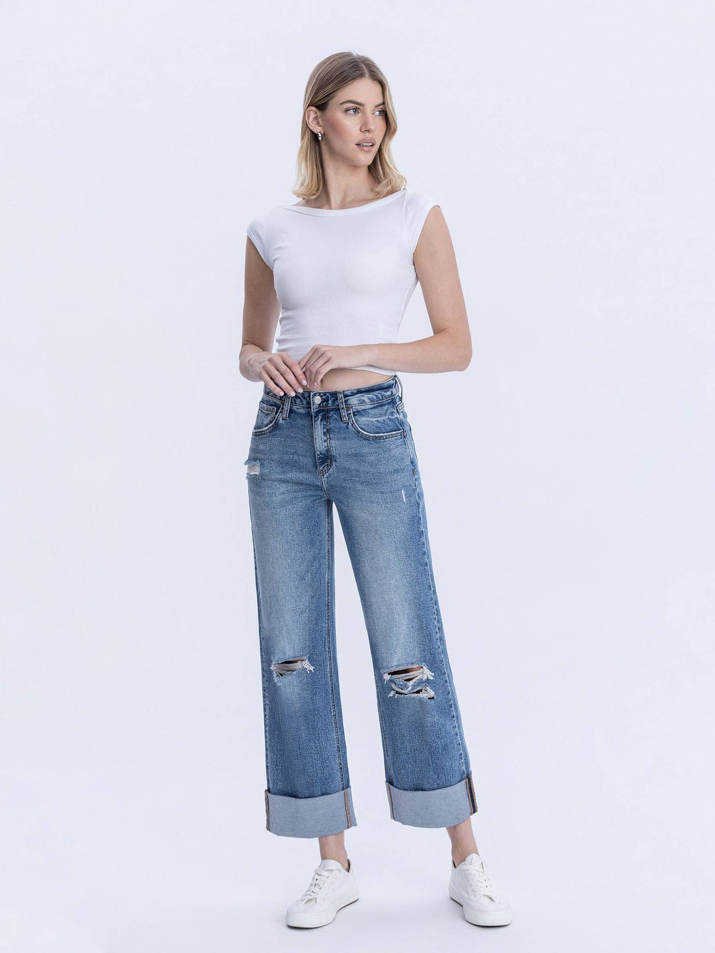 SUPER HIGH RISE DOUBLE CUFFED BAGGY WIDE JEANS LV1459