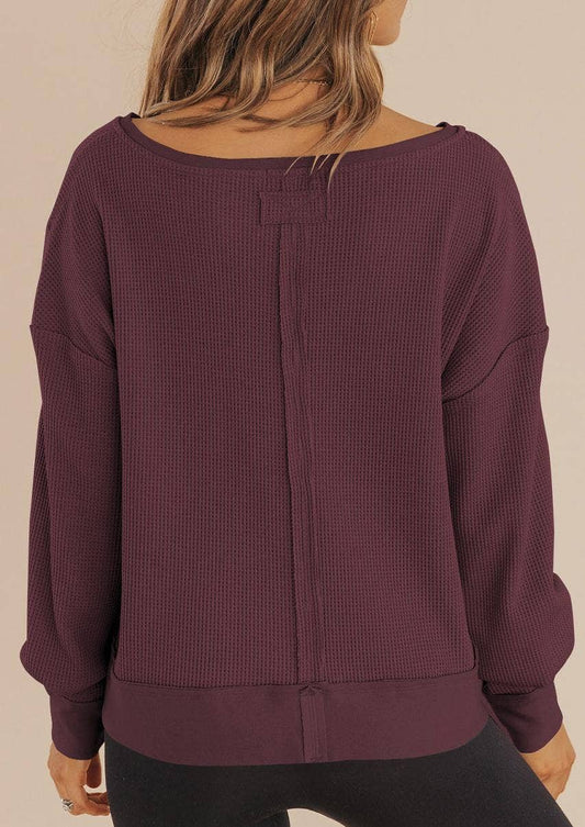 Waffle Knit Notched V Neck Drop Shoulder Solid Sweatshirt