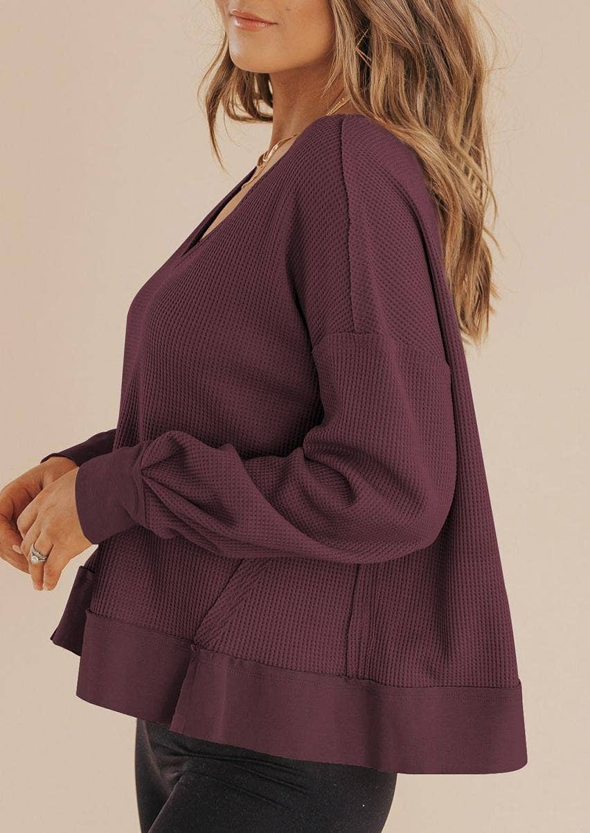 Waffle Knit Notched V Neck Drop Shoulder Solid Sweatshirt