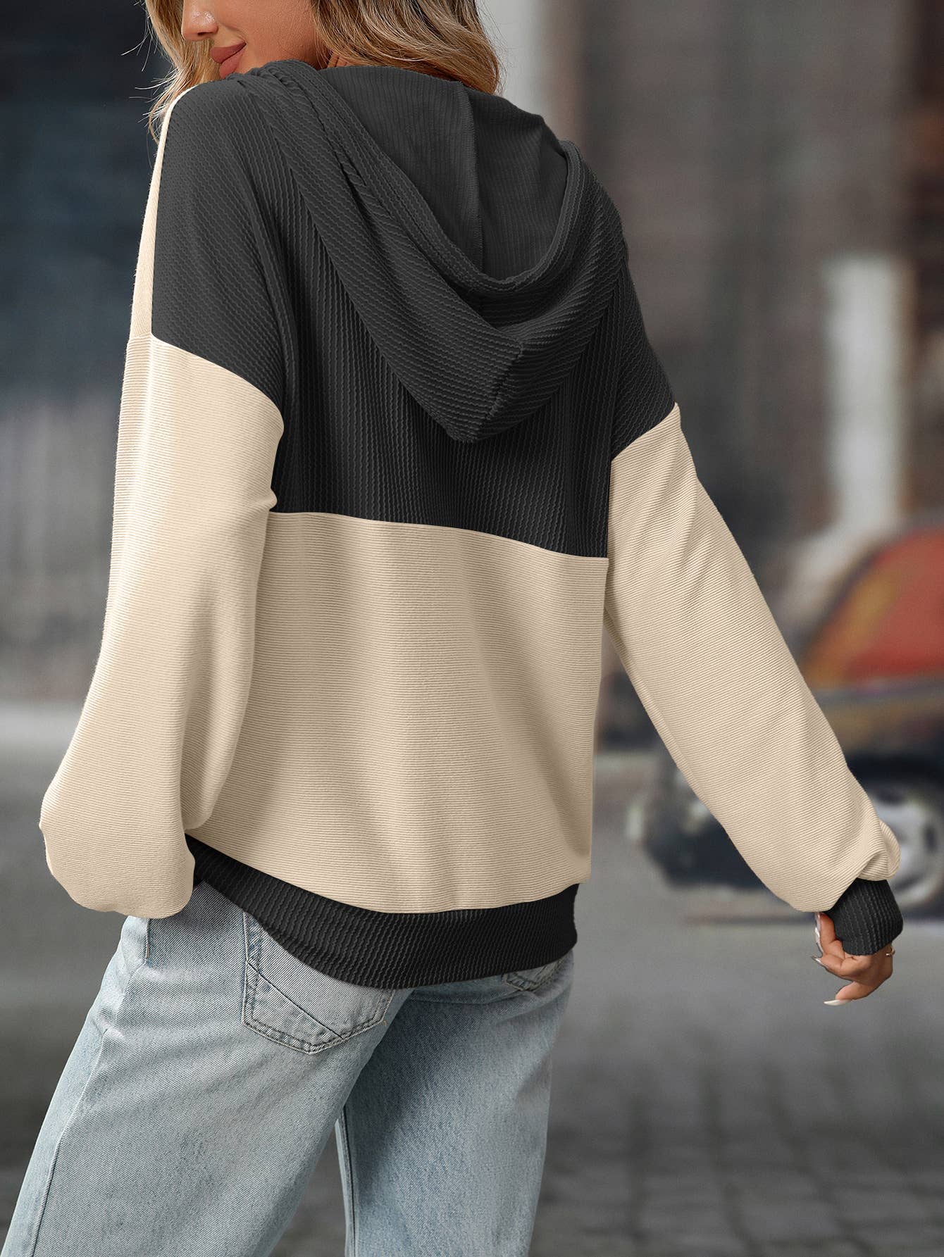 Colorblocked Twisted Rib Texture Hoodie