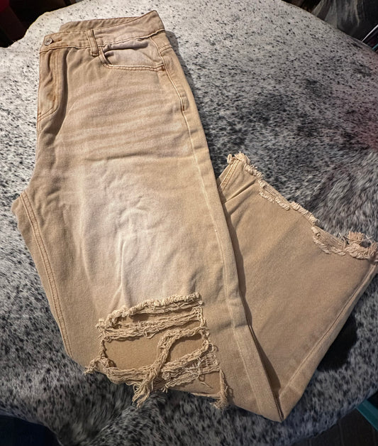 Tan Wide Leg Ankle Cut Jeans