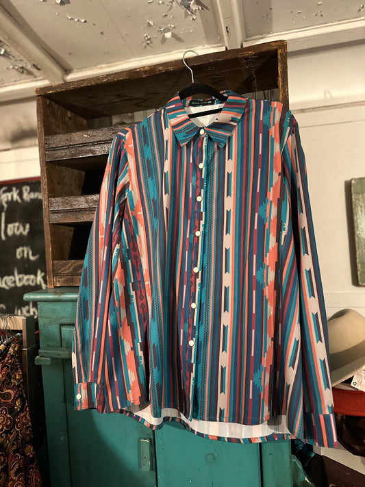 Teal and Orange Long-Sleeve Button Up