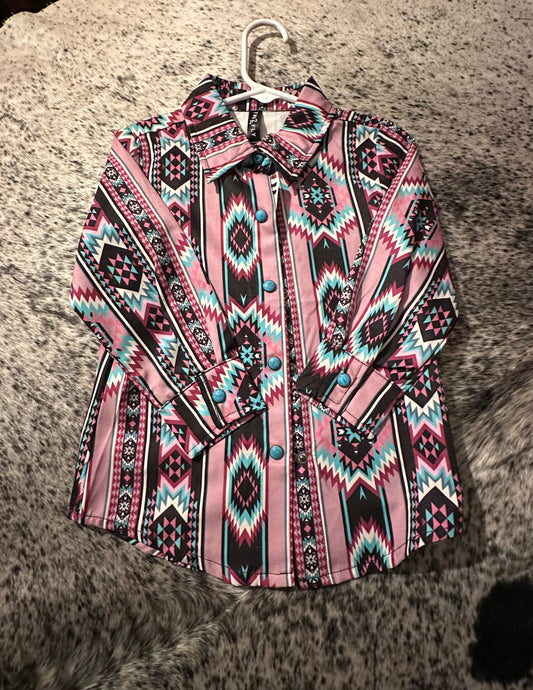 Girls Purple & Teal Aztec Button Up