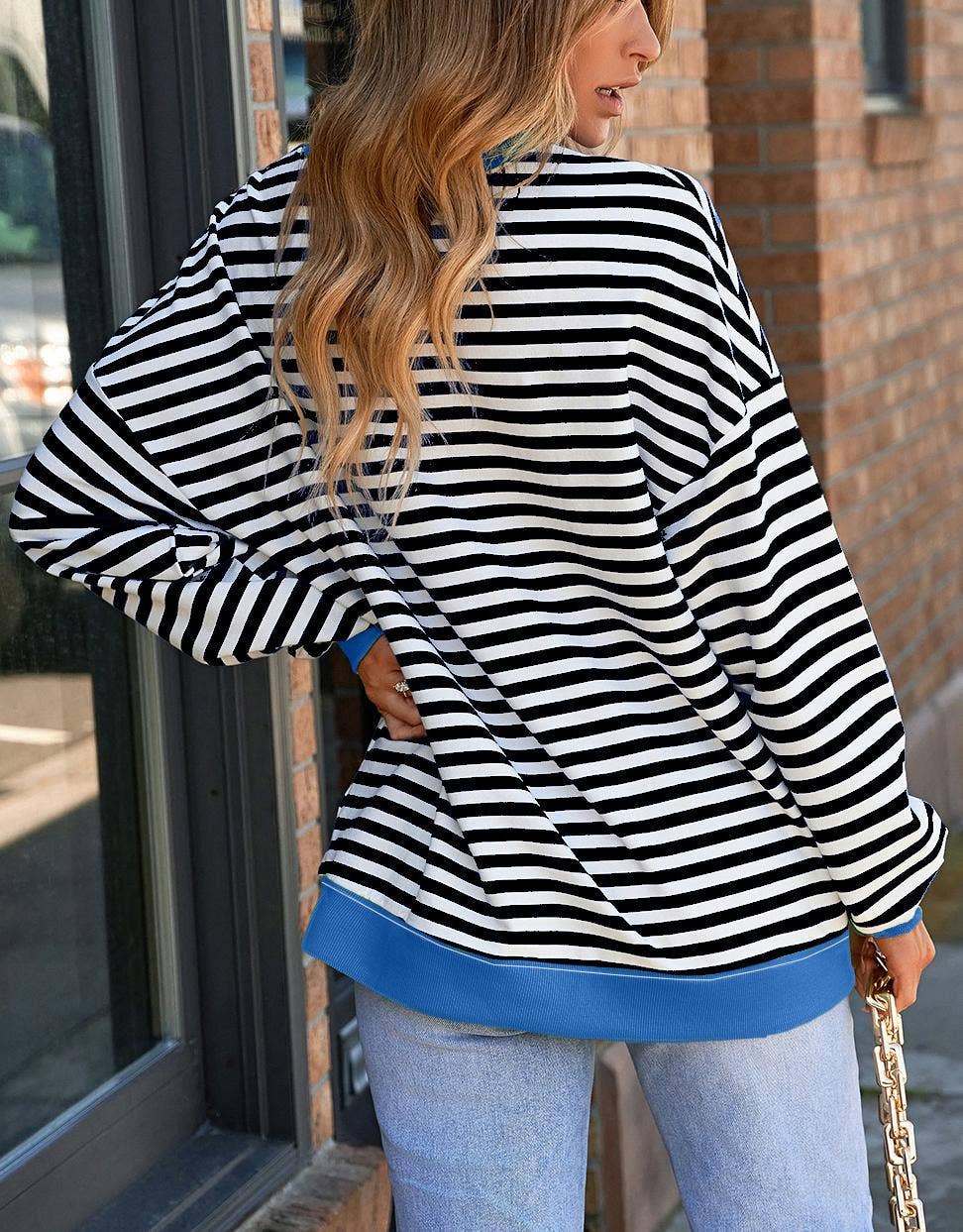 Contrast Ribbed Trim Crossed Stitch Drop Shoulder Sweatshirt