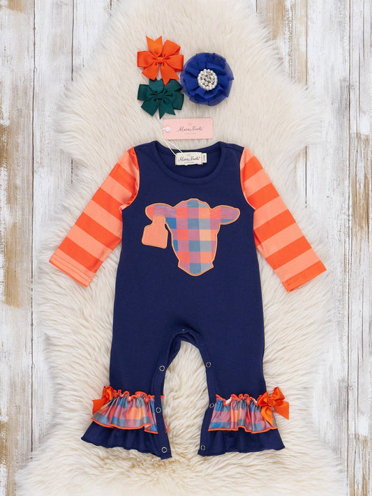 Plaid Pastures Cow Embroidered Ruffle Romper