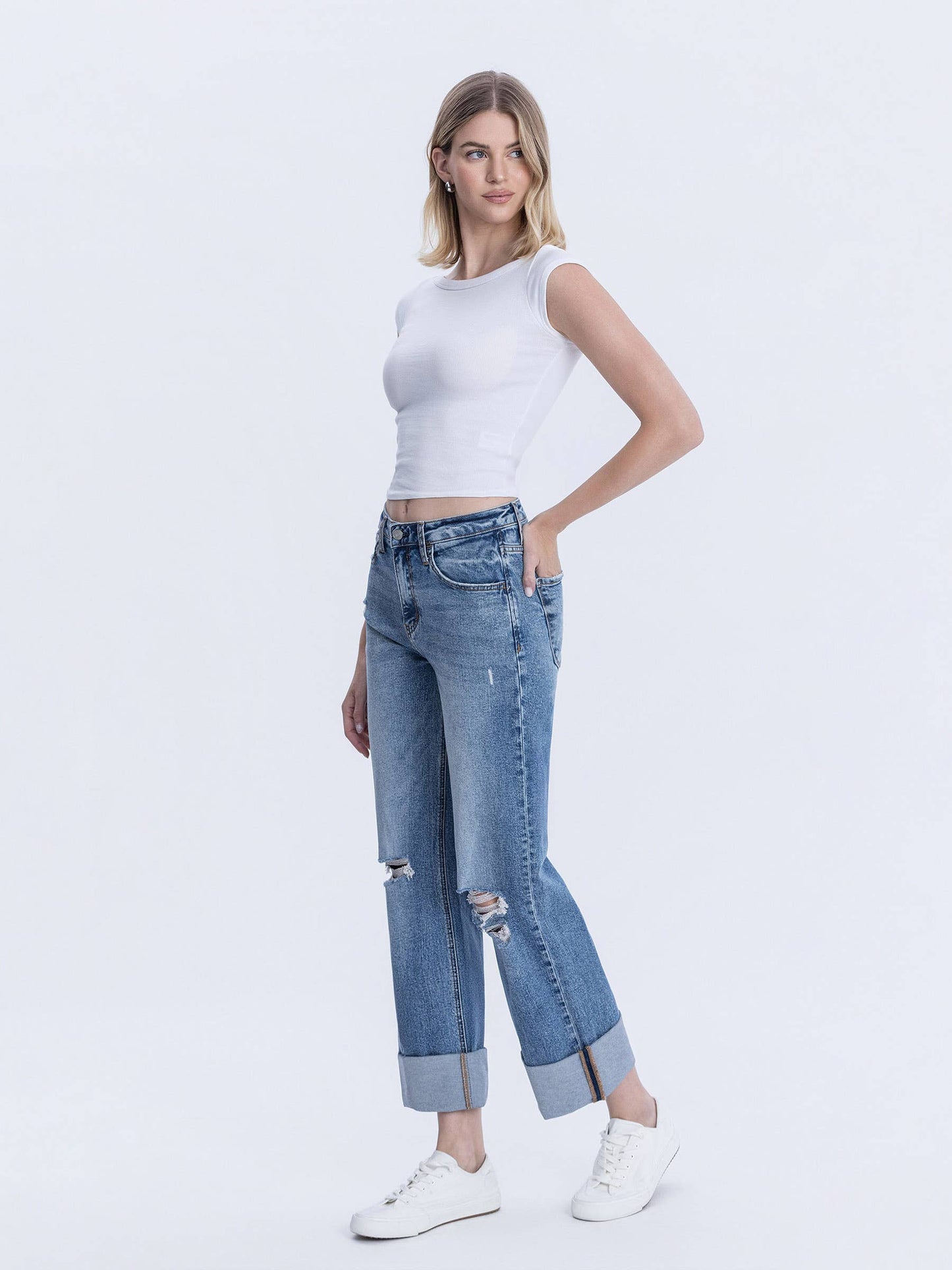 SUPER HIGH RISE DOUBLE CUFFED BAGGY WIDE JEANS LV1459
