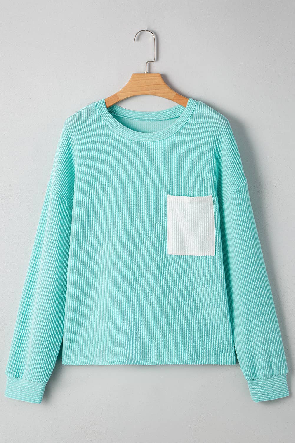3D Ribbed Texture Contrast Patched Pocket Long Sleeve Top