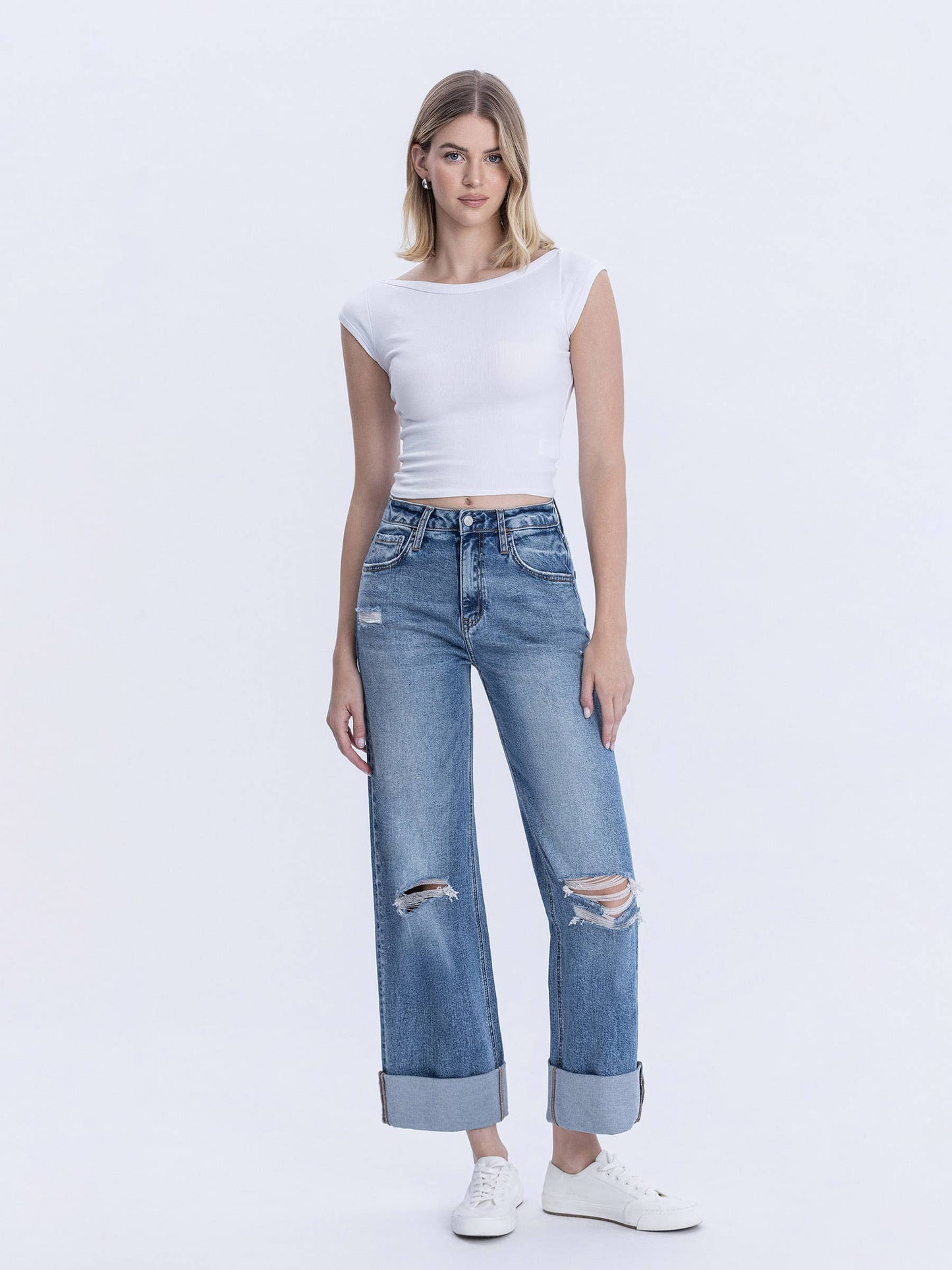 SUPER HIGH RISE DOUBLE CUFFED BAGGY WIDE JEANS LV1459