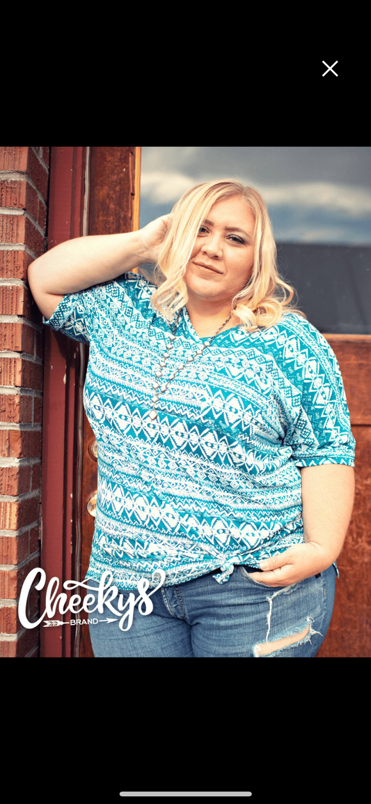 Over sized Patina Aztec V Neck Pocket Tee