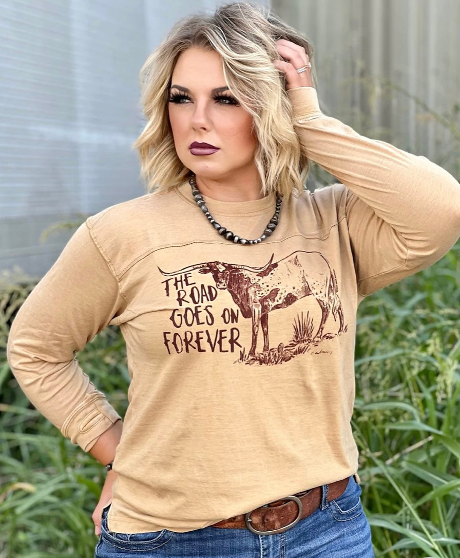 The Road Goes On Forever Mustard Long Sleeve Tee